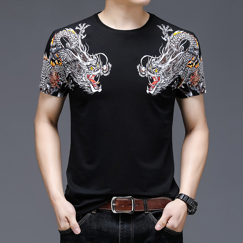 短袖时尚潮流青年男士龙图案印花