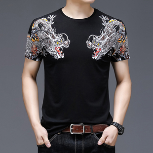 时尚潮流男士半袖t夏季霸气个性双龙头图案印花纯棉痞子短袖T恤衫