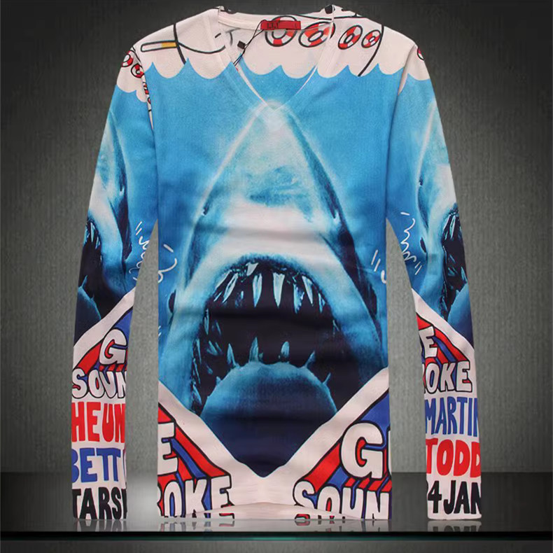 长袖t恤衫时尚潮流男士鲨鱼图案