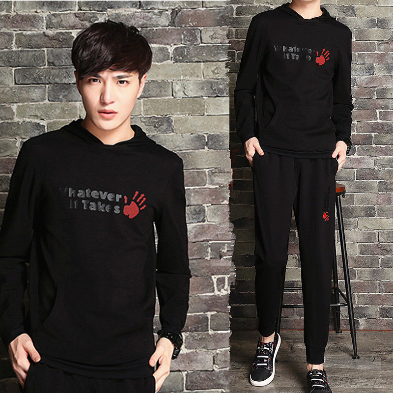 秋季时尚潮流男士上衣裤子两件套 创意个性手掌图案黑色卫衣套装