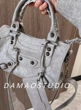 Damaostudio辣妹巴黎复古灰色铆钉流苏机车皮包单肩斜挎迷你女包