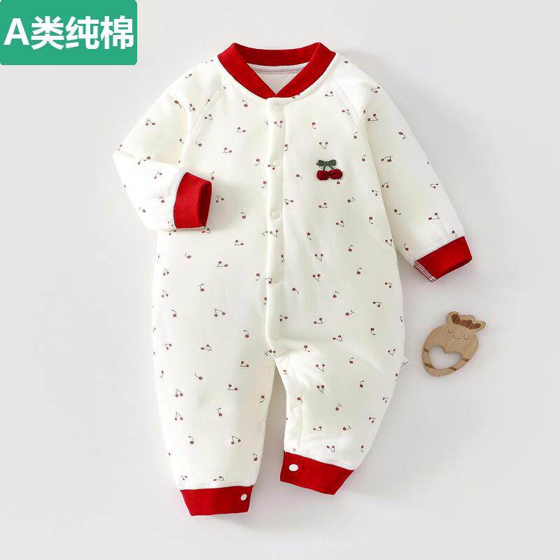 全棉婴儿夹棉连体衣秋冬季满月宝宝衣服加厚哈衣爬服纯棉a类保暖
