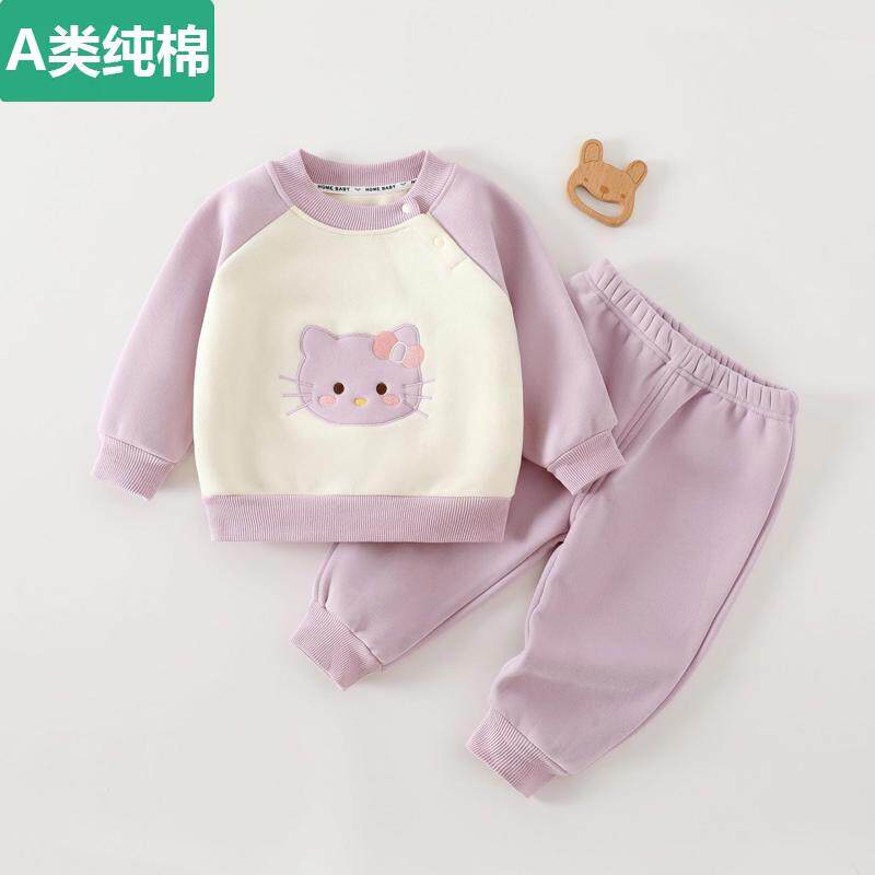 全棉婴儿衣服保暖分体套装秋冬加厚加绒可爱女宝宝分体卫衣卫裤两