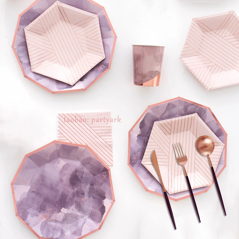 派对餐具野餐盘子水墨粉紫蛋糕盘