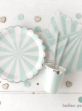 Mint Green party ideas stripe paper plates napkins baby show