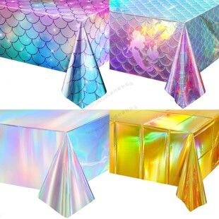炫彩美人鱼彩虹桌布生日一次性餐桌布置婚礼迪斯科镭射派对装饰