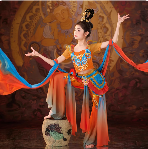 儿童敦煌飞天乐鼓舞蹈演出服女童飘逸中国风古典舞反弹琵琶表演服