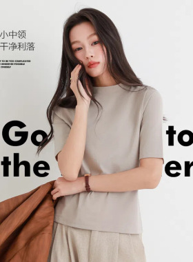 夏季新款天丝立领 短袖女修身气质通勤正肩 T恤 内搭打底衫上衣女