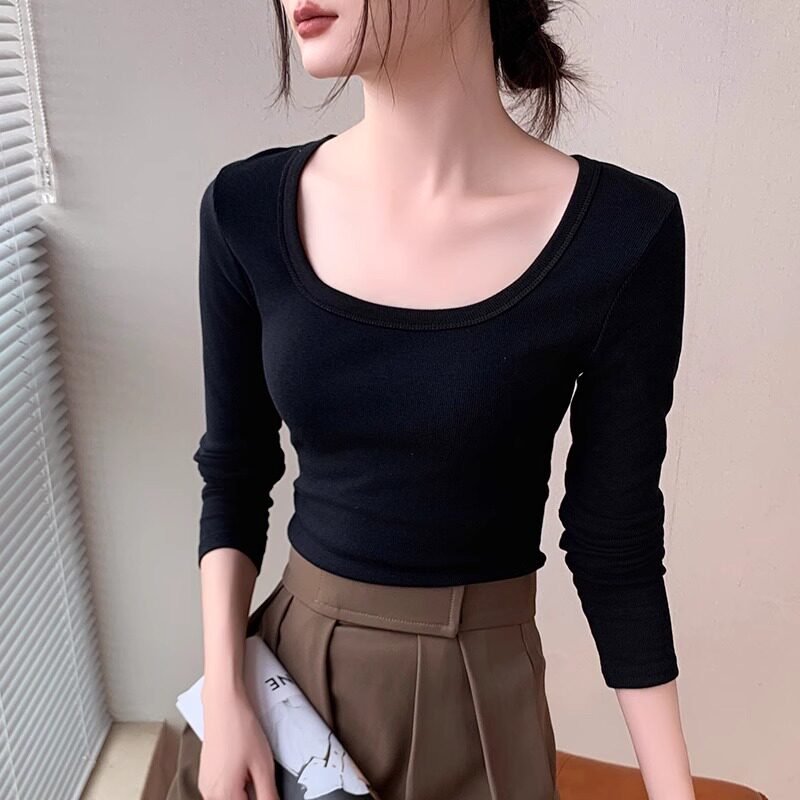 方领正肩长袖打底衫秋季漏锁骨内搭辣妹t恤女修身短款上衣螺纹