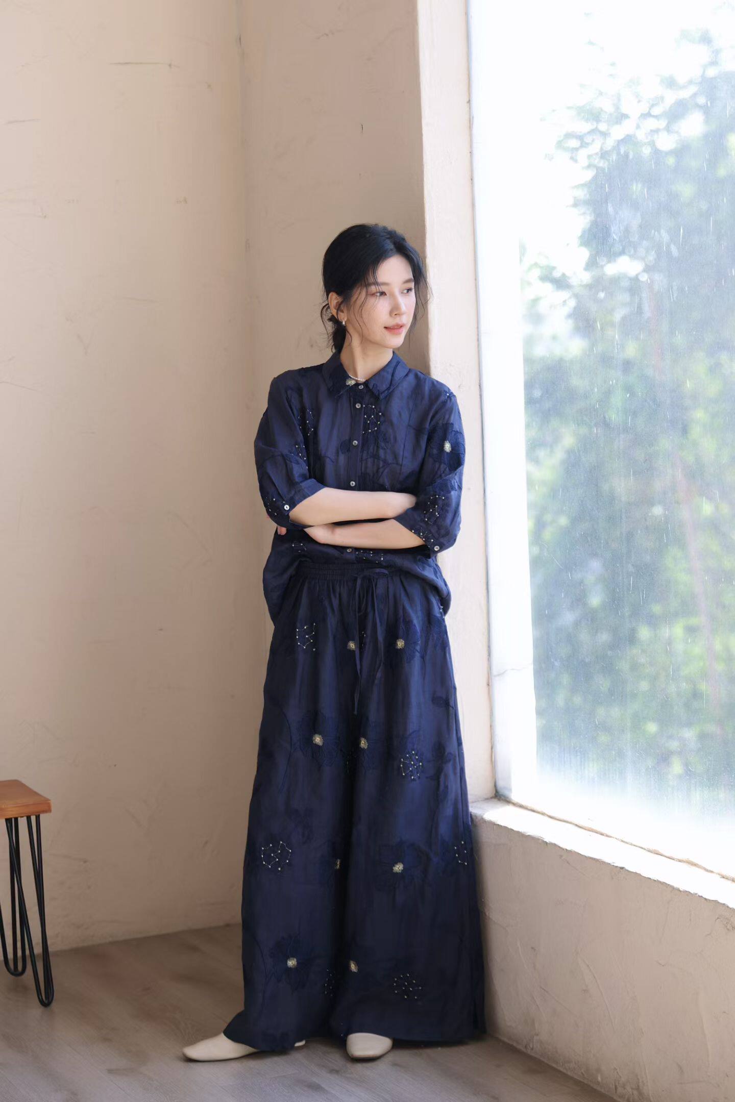 2026夏原创专柜纯苎麻重工刺绣套装裤子新品复古小翻领衬衫阔腿裤