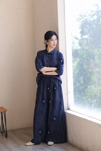 2026夏原创专柜纯苎麻重工刺绣套装裤子新品复古小翻领衬衫阔腿裤