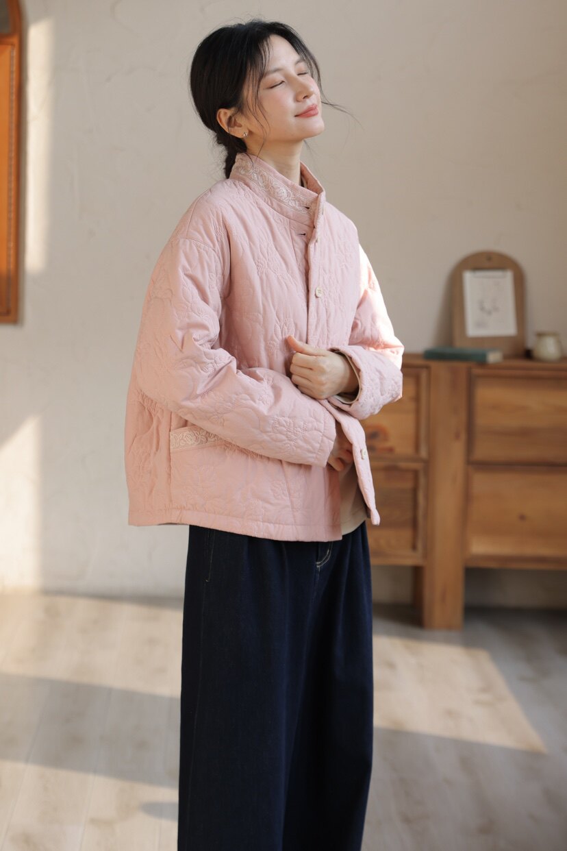原创清新复古文艺压花棉服2026秋冬新品百搭宽松显瘦短款厚外套女