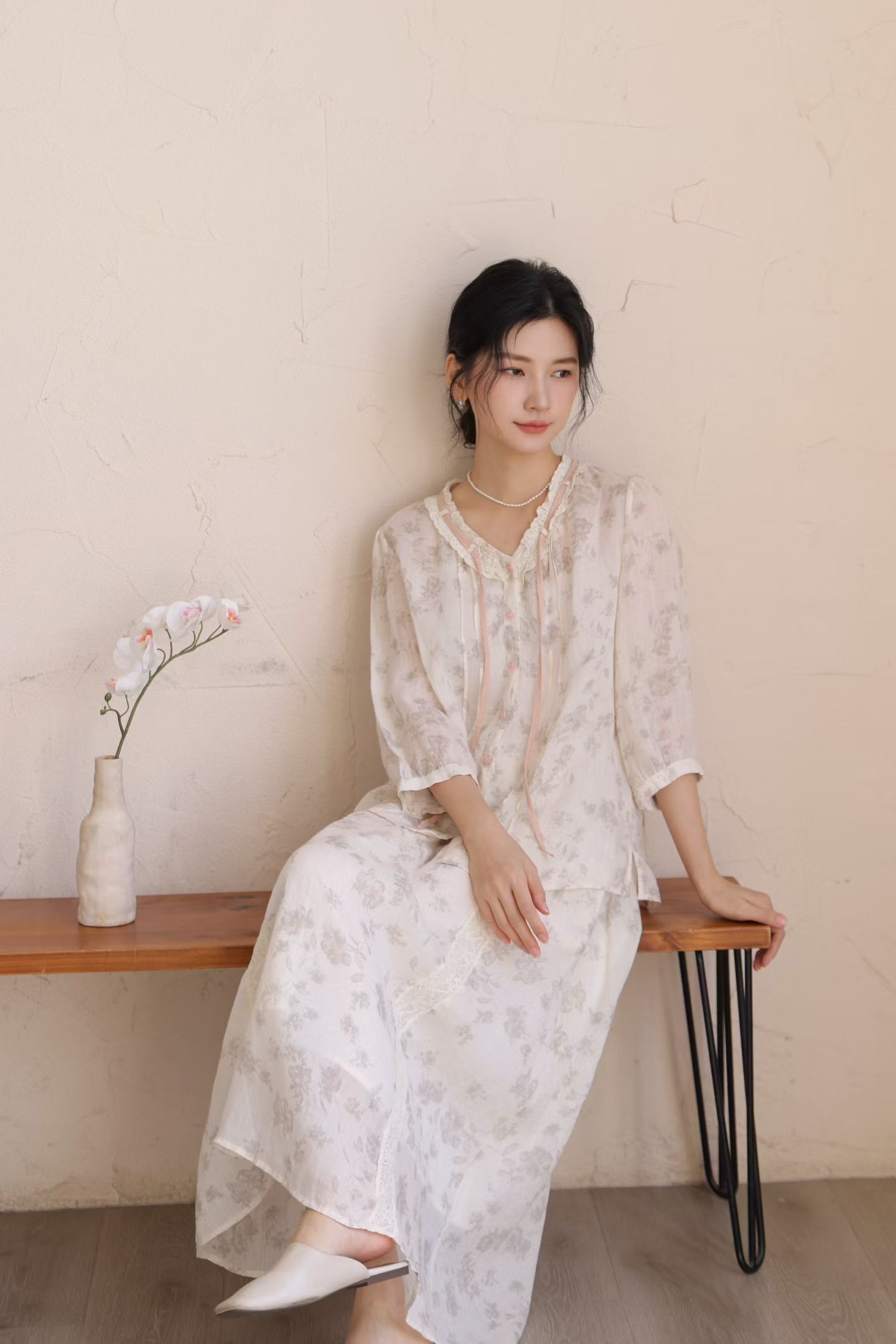 2026夏原创专柜品质苎麻复古小众印花蕾丝拼接衬衫小衫半裙阔腿裤