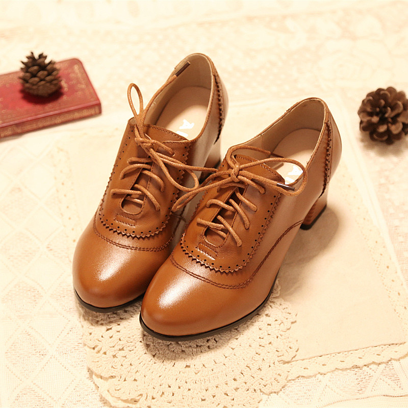 文艺复古布洛克知性牛皮粗跟女鞋