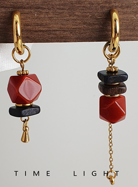 拾光集复古几何形状耳环女南红金色红色黑色木质吊坠耳饰时尚个性