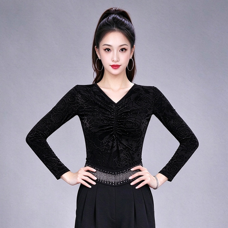 绚悦丝绒玫瑰V领舞蹈上衣女款修身长袖拉丁舞练功服摩登舞演出服