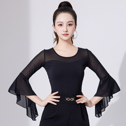 拉丁舞上衣女练功服装2025年新款国标摩登跳舞蹈连体网纱拼接中袖
