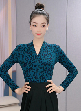 0拉丁舞连体上衣女成人摩登舞服V领豹纹印花练功服表演服装交谊舞