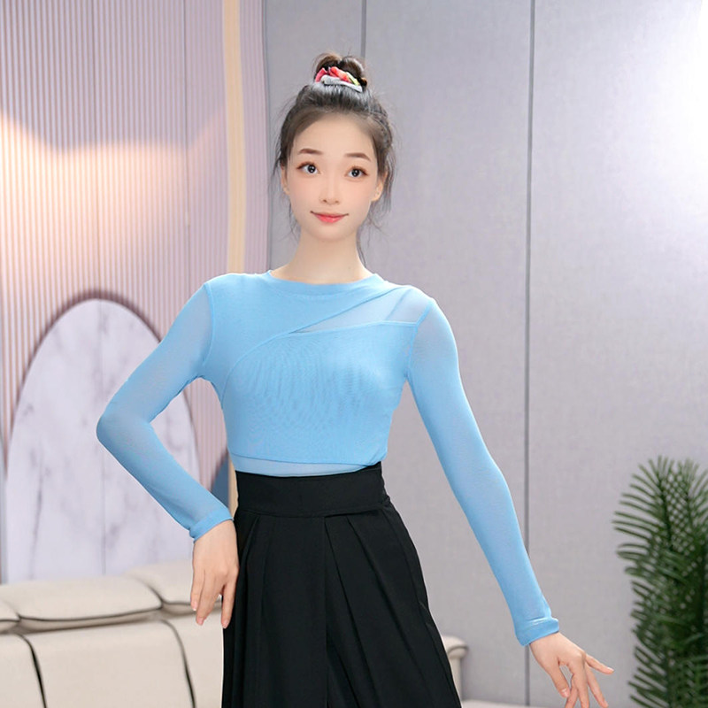 绚悦网纱舞蹈上衣女长袖现代舞形体练功服古典舞修身弹力打底衫女