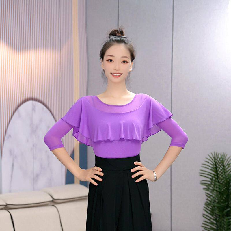 拉丁舞上衣新款女成年优雅跳摩登舞蹈练功服形体舞服国标舞上衣