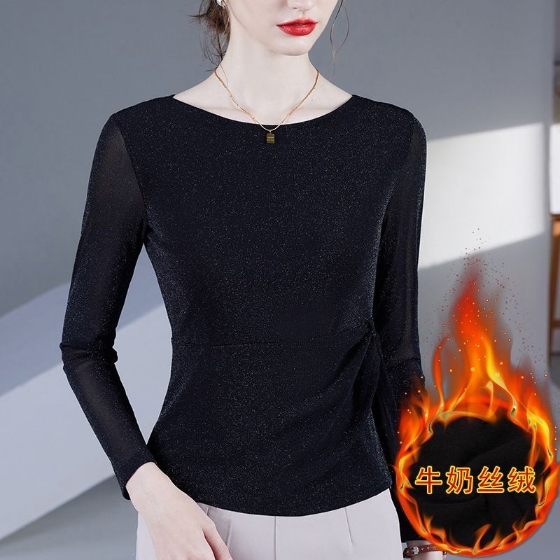 时尚冬装加绒新款收腰显瘦小衫洋气修身绑带女士上衣保暖小衫