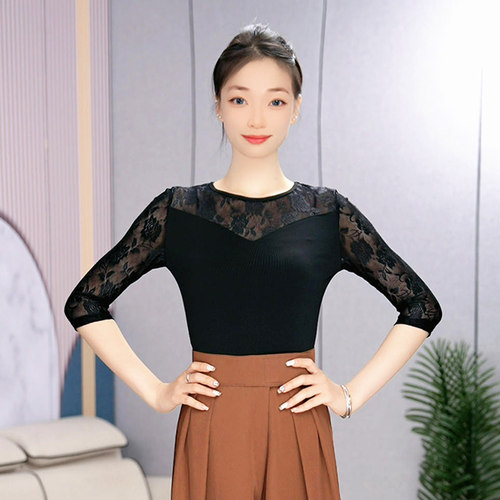 绚悦新款摩登舞成人优雅玫瑰蕾丝拼接上衣女形体训练服广场舞服装