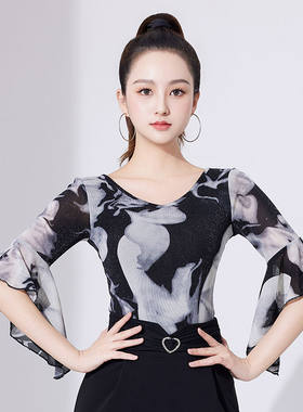 0绚悦夏季女款摩登舞拉丁舞国标舞荷叶袖连体交谊舞蹈跳舞练功服
