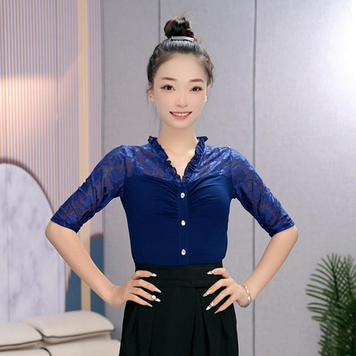 绚悦中袖夏季舞衣拉丁舞服拼接蕾丝修身上衣女练功服带烫钻交谊舞