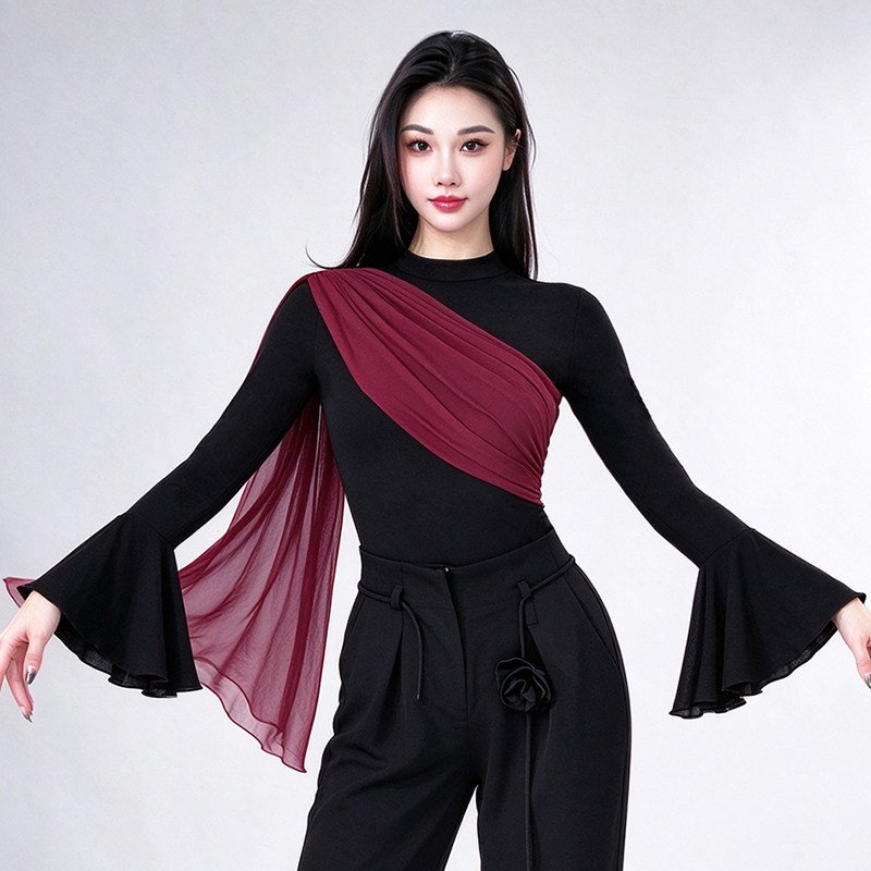 气质飘纱喇叭袖修身舞蹈服上衣
