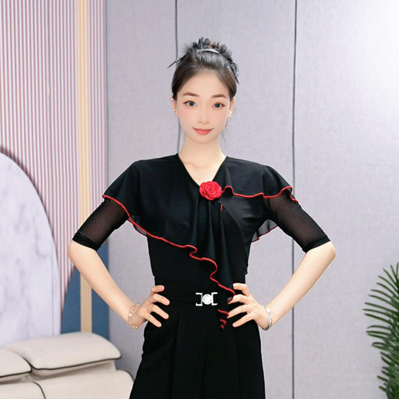 绚悦气质红黑撞色玫瑰摩登舞上衣女修身显瘦交谊舞衣国标舞演出服