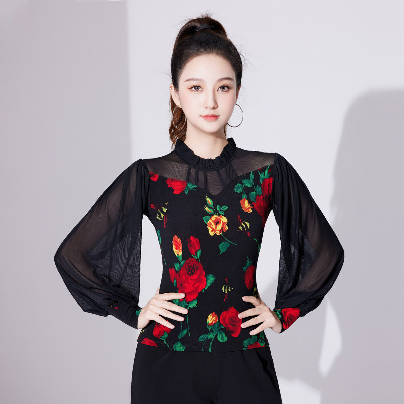 0摩登舞练功服女成人华尔兹跳舞衣玫瑰花色舞蹈上衣拉丁舞洋气服