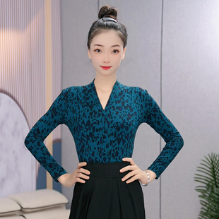 拉丁舞连体上衣女成人摩登舞服V领豹纹印花练功服表演服装交谊舞