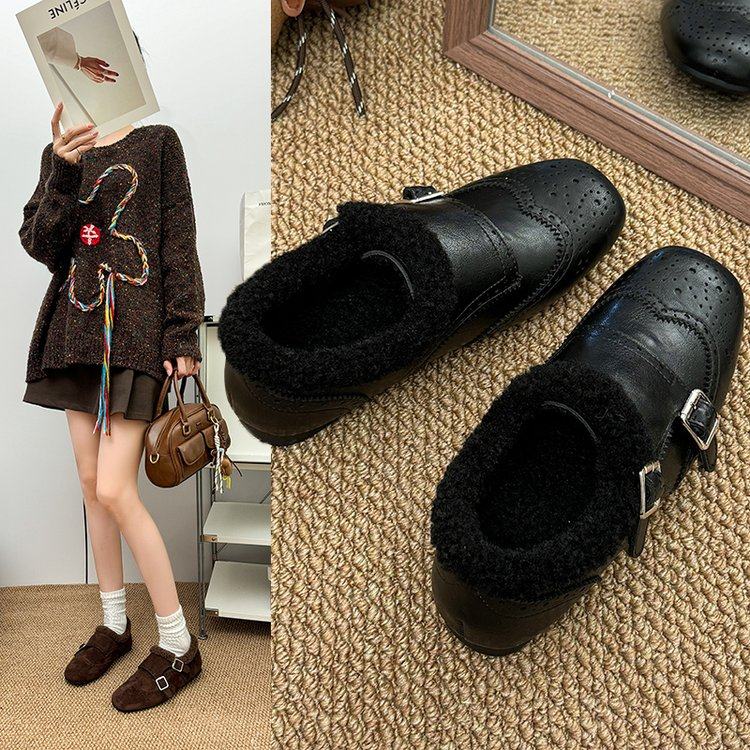 冬季新款金属扣加绒一脚蹬镂空英伦风平底深口单鞋时尚百搭棉鞋,女鞋,深口单鞋,淘宝优惠券,粉丝福利购,淘宝优惠卷