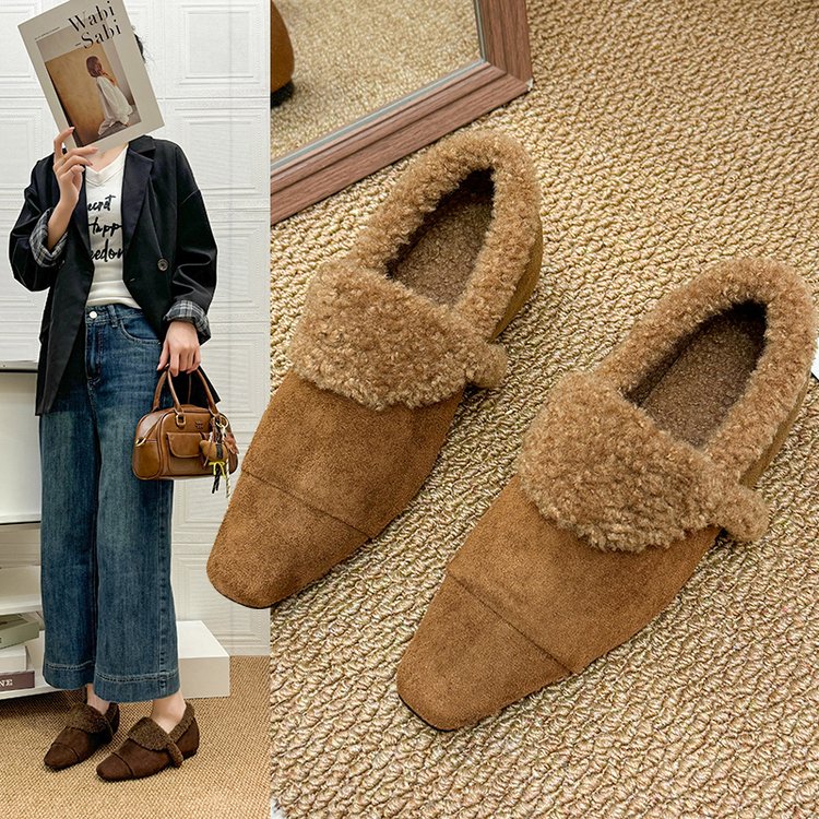 冬季新款深口方头绒面加绒橡胶底一脚蹬女鞋2025时尚气质女鞋