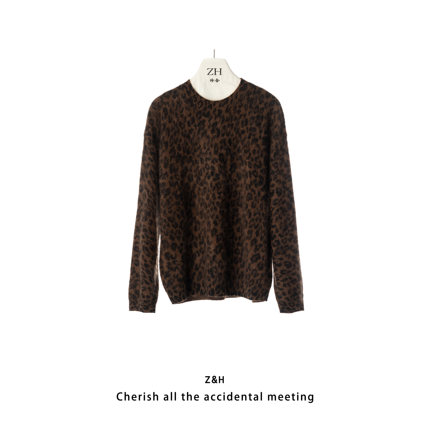 ZH【豹纹晨露】豹纹圆领常规款羊绒衫毛针织衫