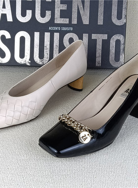 AS台湾品牌撤柜处理真皮女鞋粗跟洋气百搭浅口法式乐福春季女单鞋