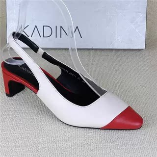 娜正品撤柜断码处理真皮鞋粗跟百搭浅口日常后空包头羊皮凉鞋