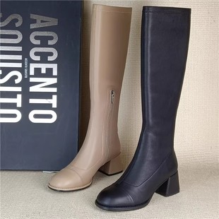 AS专柜正品 处理真皮骑士靴粗跟圆头百搭羊皮单里长筒靴潮 撤柜断码