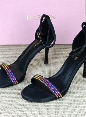 Harson哈森正品撤柜鞋水钻一字扣带高跟凉鞋女夏细跟百搭气质女鞋