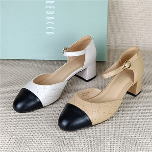 瑞贝卡正品撤柜断码处理真皮女鞋百搭羊皮玛丽珍一字带高跟单鞋女