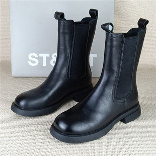 处理真皮马丁靴低跟百搭英伦风单里烟筒靴短靴 星期六专柜撤柜断码