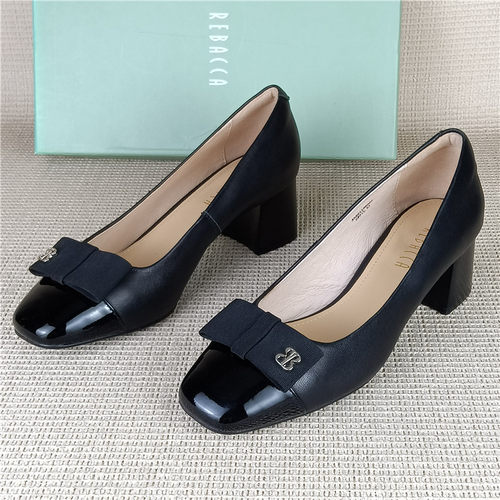 瑞贝卡专柜正品撤柜真皮女鞋粗跟浅口百搭羊皮春季法式一脚蹬单鞋