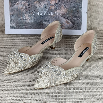 菲伯丽尔正品撤柜女鞋尖头浅口单鞋女水钻蝴蝶结猫跟百搭仙女风鞋