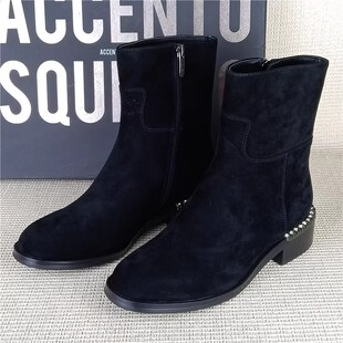 AS正品撤柜断码处理真皮马丁低跟百搭黑色羊反绒单里显瘦时装短靴