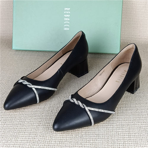 瑞贝卡专柜撤柜断码处理真皮女鞋粗跟百搭浅口羊皮职业春季女单鞋