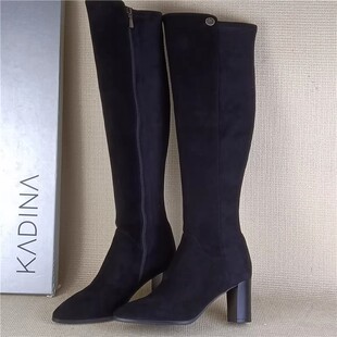 卡迪娜品牌撤柜断码处理真皮过膝靴粗跟洋气百搭弹力瘦瘦靴长筒靴