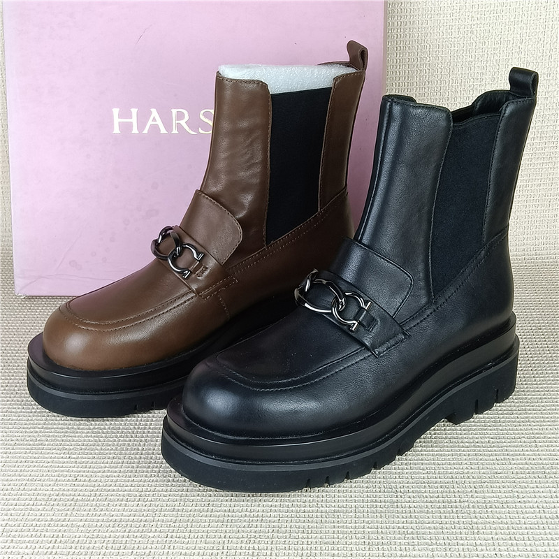 哈森正品撤柜断码处理真皮女靴厚底增高百搭套筒靴单里烟筒靴短靴