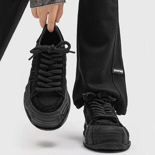 檀健次黑武士三杠运动休闲板鞋男女款小众溶解帆布鞋全黑色乞丐鞋