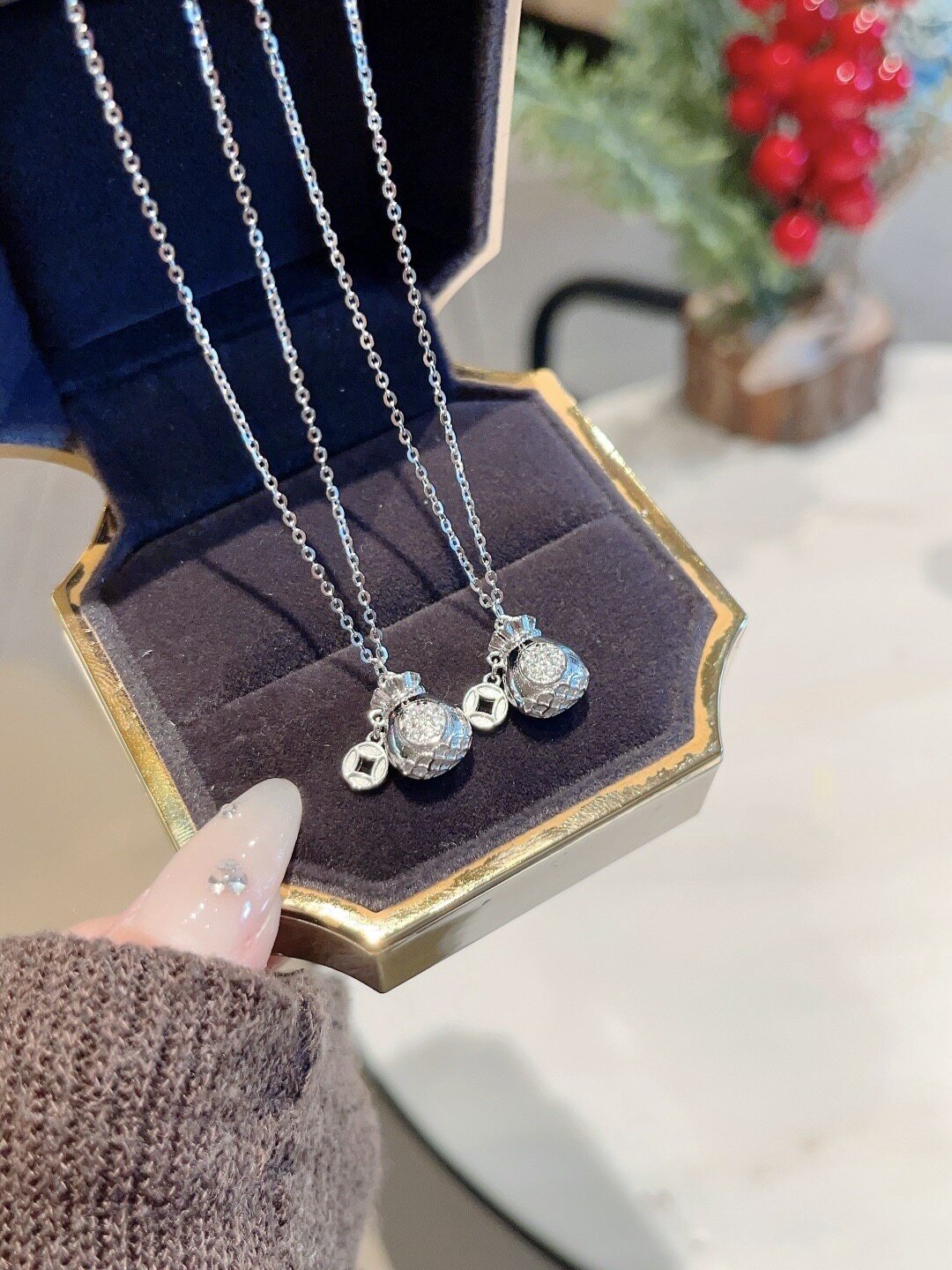 S925银纯银福袋钱币可爱项链不褪色马年新年送礼盒礼袋1