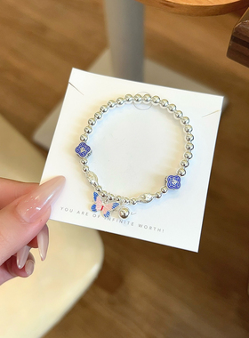 S925银法郎荷花蝴蝶结手链不褪色纪念情人七夕礼物送礼盒顺丰7